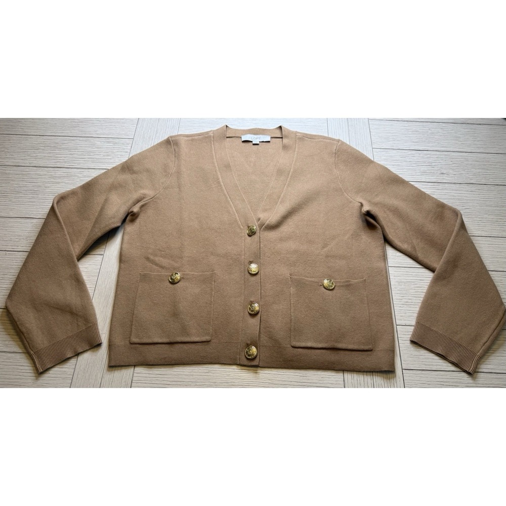 Loft Women Tan V Neck Cropped Boxy Cardigan Patch Pockets Gold Button M Academia